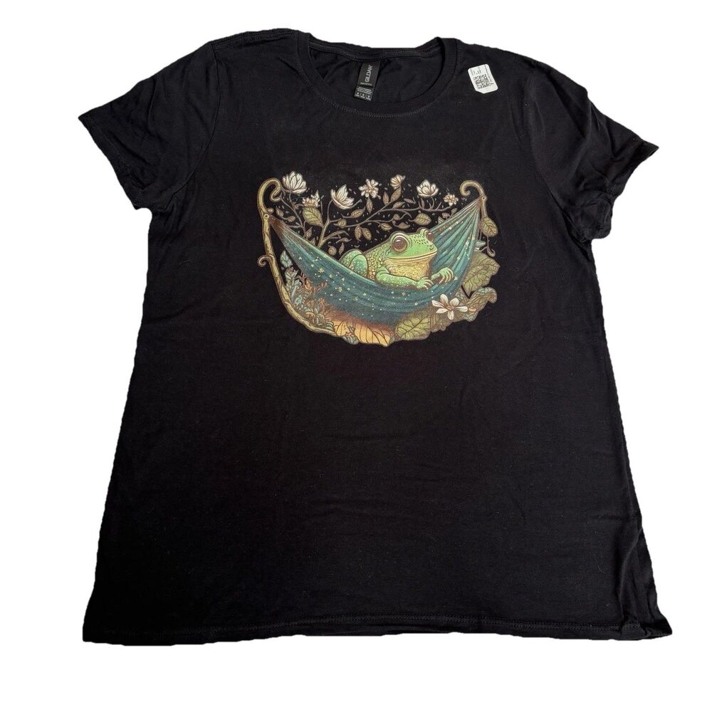 Gildan Black SS T-shirt Frog in Hammock Flowers Nature Leaves Size M